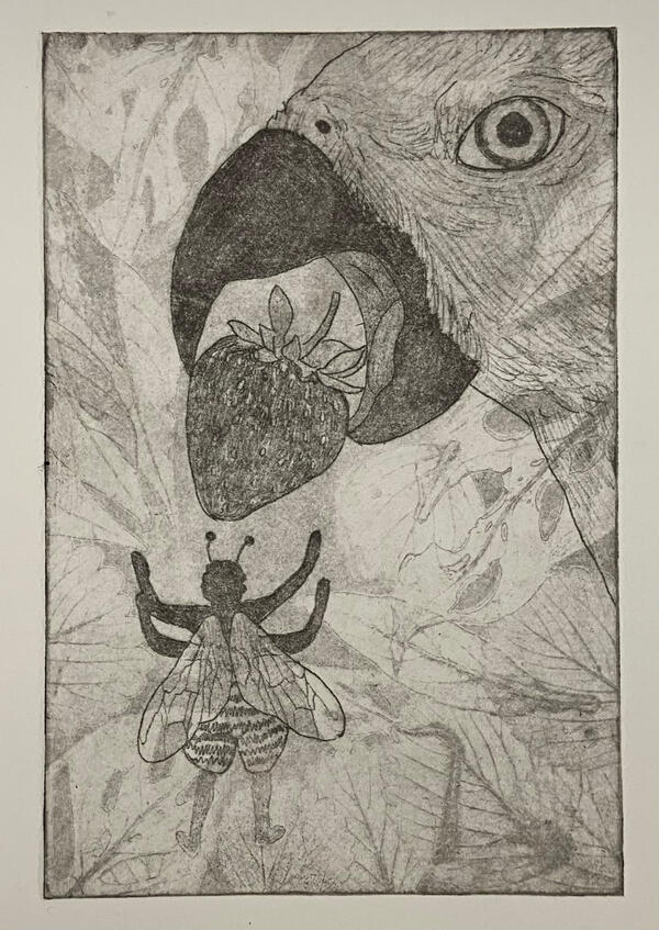 Beehold, Intaglio, 2022, 9x6"