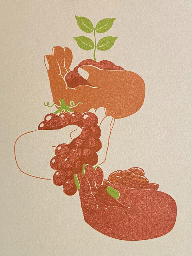 The Hands That Hold, Multi-Plate Lithograph, 2022, 7x5"